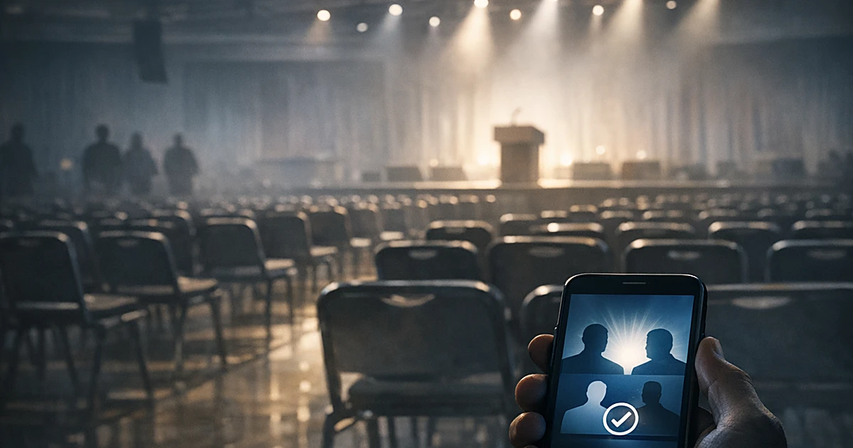 Convention hall with empty chairs and illuminated smartphone in foreground, suggesting digital political announcement