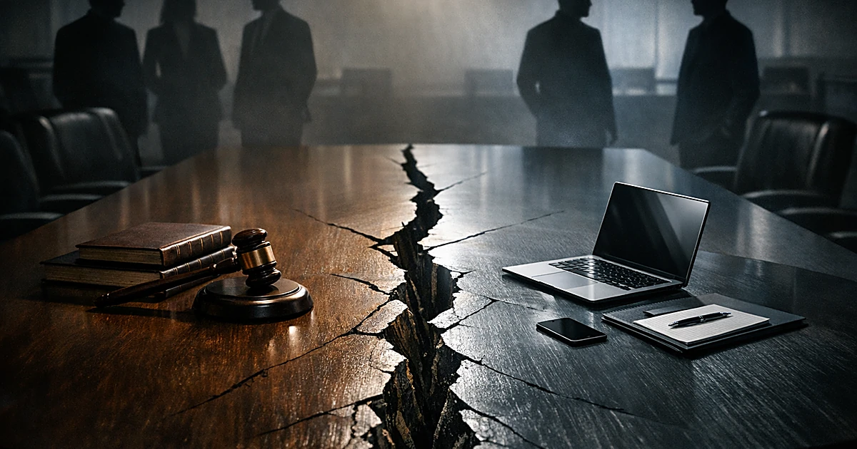 Split boardroom table with traditional political items on one side and modern business materials on the other