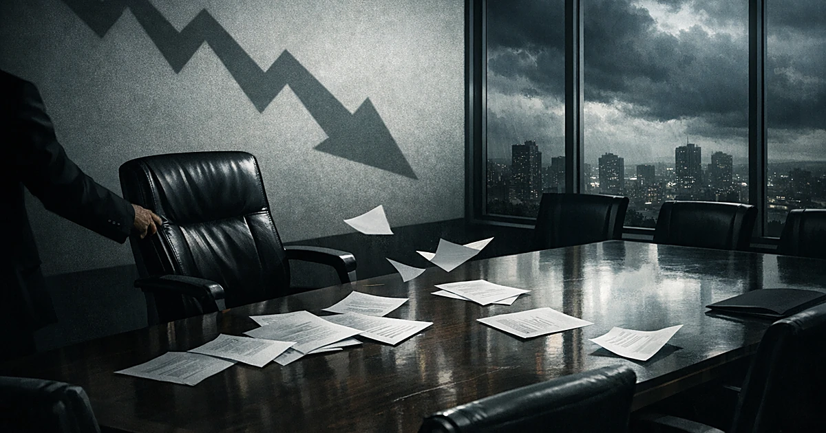 Empty executive chair pulled from boardroom table with scattered papers and downward stock chart shadow on wall