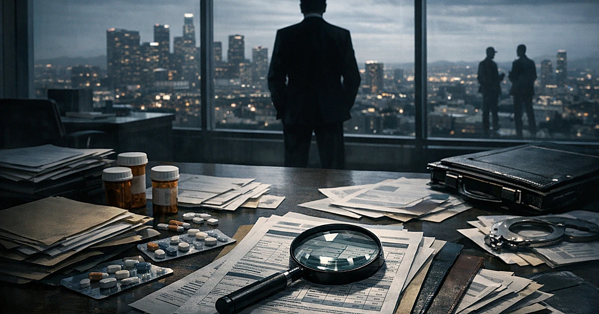 Silhouetted figure at desk examining healthcare documents with city skyline visible through windows behind