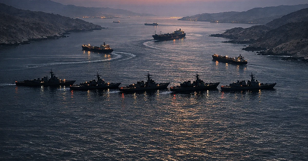 Aerial view of naval vessels blockading the Strait of Hormuz with cargo ships in the distance at dusk