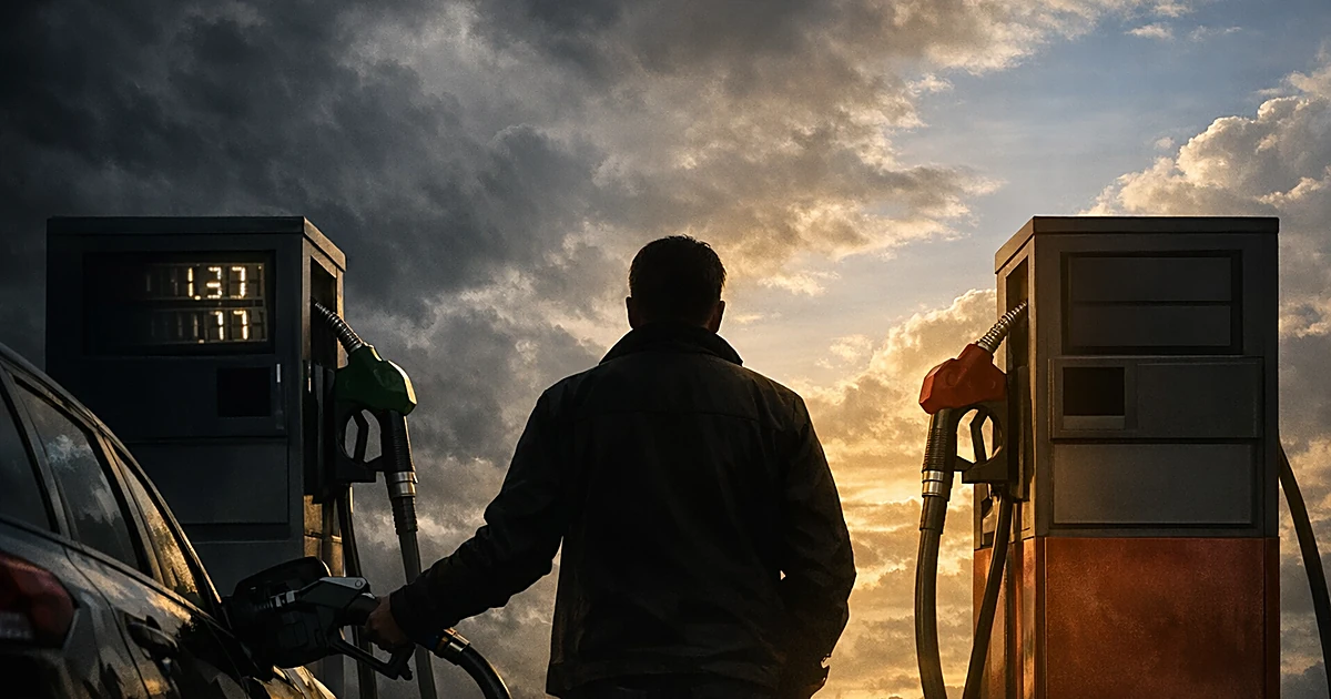 Two gas pumps at different heights with descending price displays, silhouetted figure fueling car, split dramatic sky
