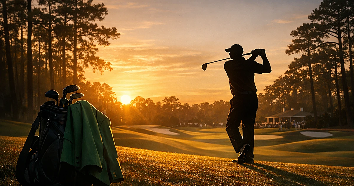 Silhouetted golfer on championship course at sunset with green jacket draped over golf bag in foreground