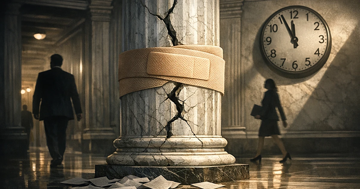 Bandage wrapped around cracked column with silhouettes walking in opposite directions in government building