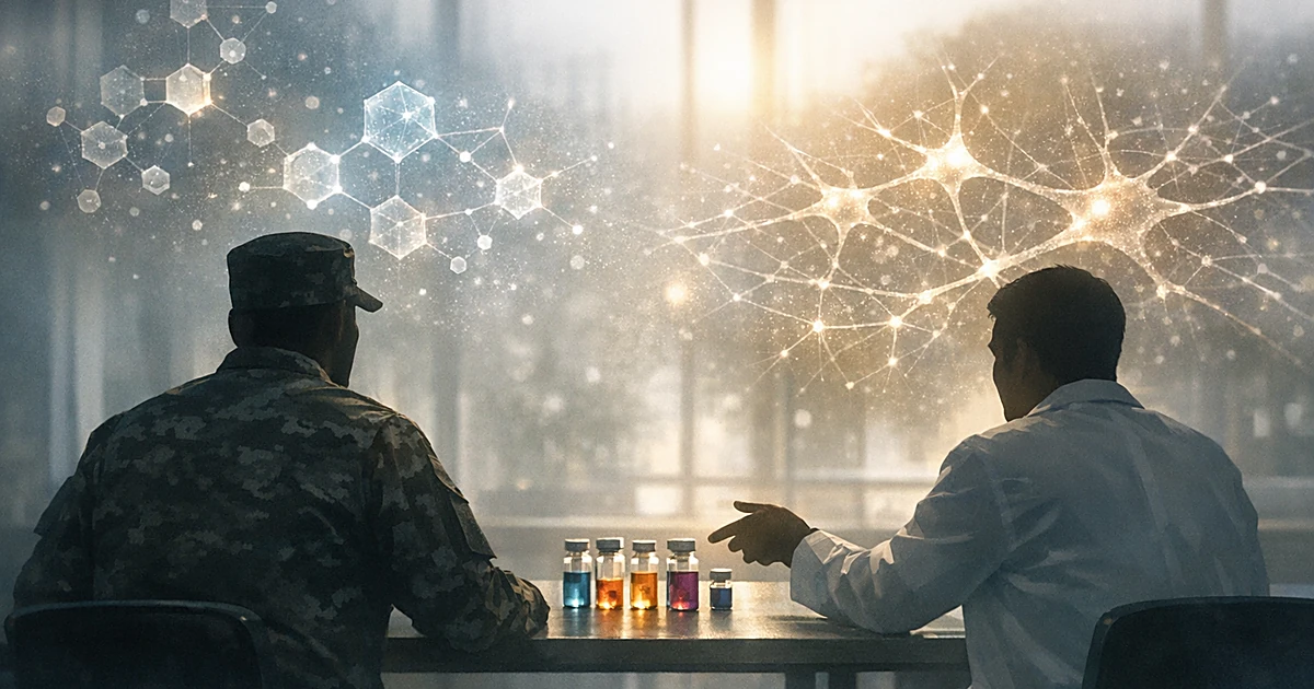 Silhouetted veteran and researcher at table with psychedelic compound vials in clinical setting with glowing molecules