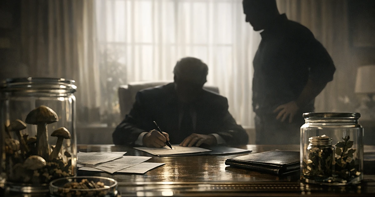 Silhouettes at desk signing document with mushroom specimens in glass containers in foreground