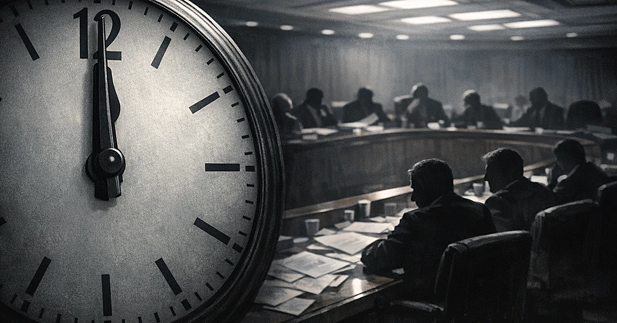Clock nearing midnight over silhouettes of legislators at desks with scattered papers in dimly lit chamber