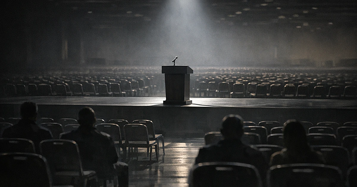Empty podium on convention stage with spotlight and scattered silhouettes of attendees in a mostly vacant auditorium