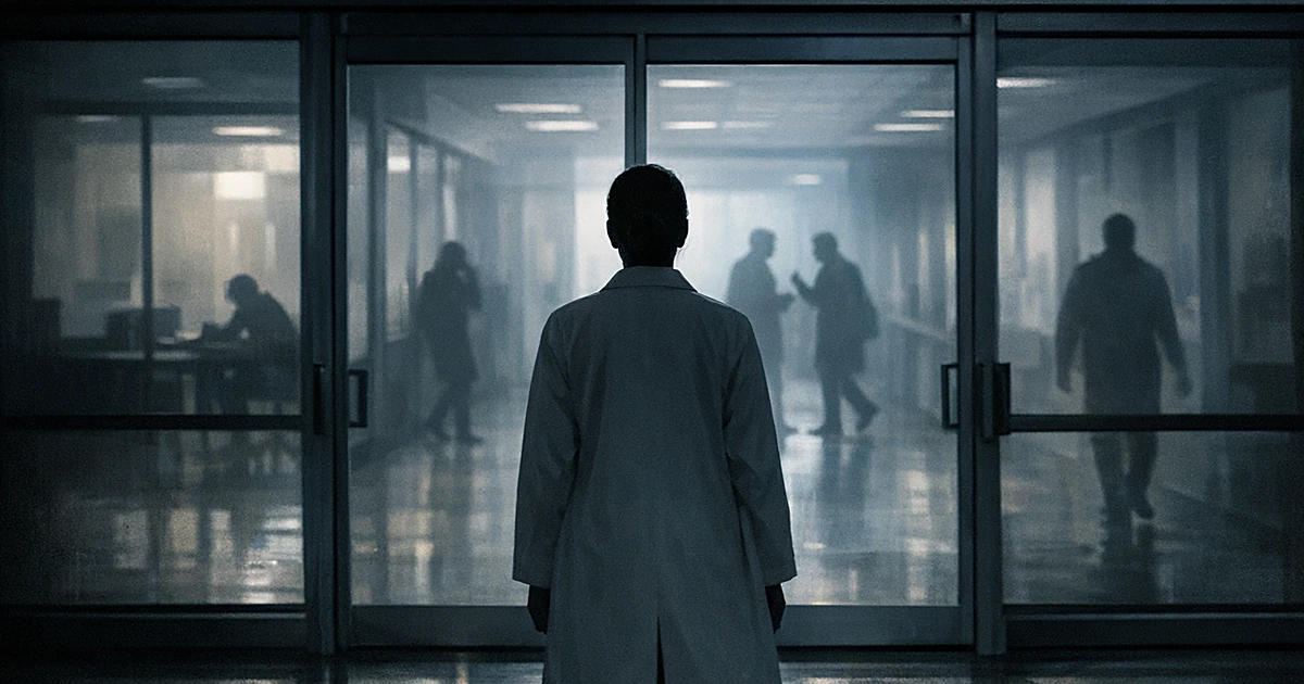 Silhouetted medical professional facing institutional building entrance with shadowy figures visible inside