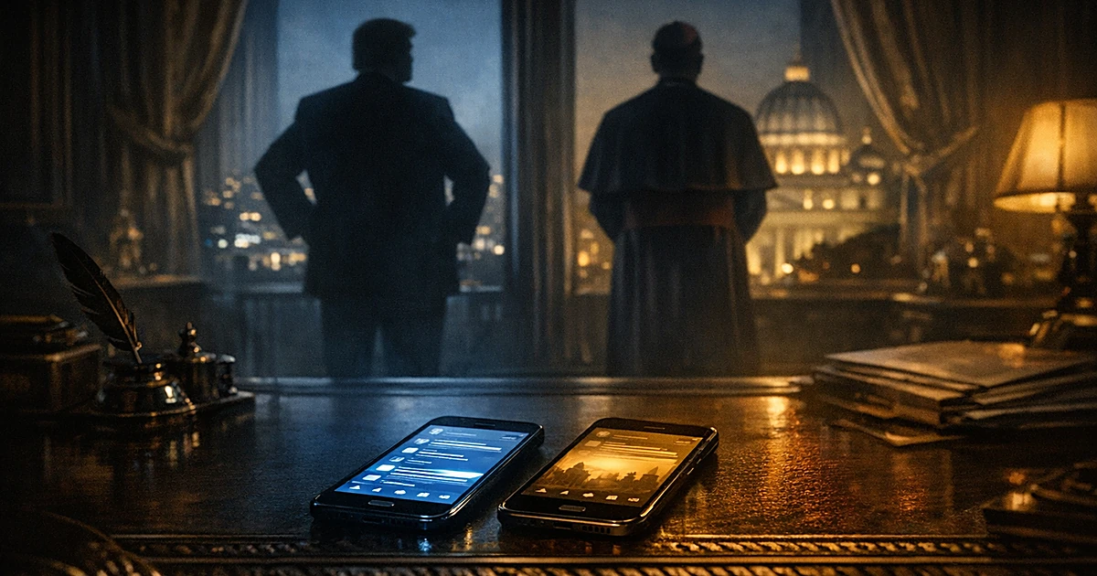 Two glowing smartphones on a desk with silhouetted figures on opposite sides of a window in a dark office