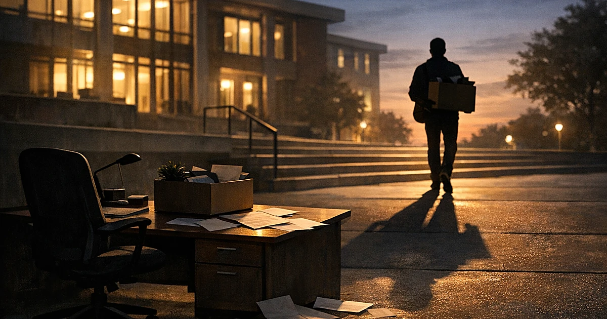 Silhouetted person leaving campus building with box, empty desk with scattered papers in foreground at dusk
