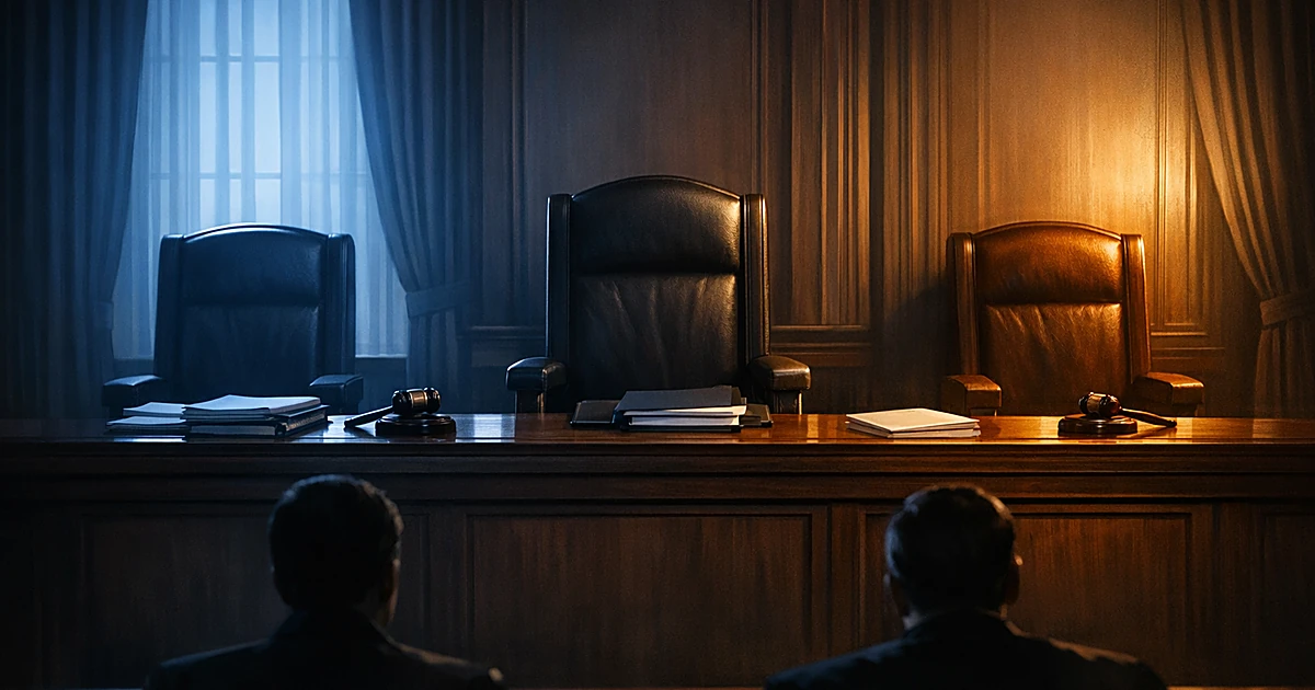 Three empty judicial chairs behind courtroom bench, two lit in blue light, one in amber shadow, representing split decision