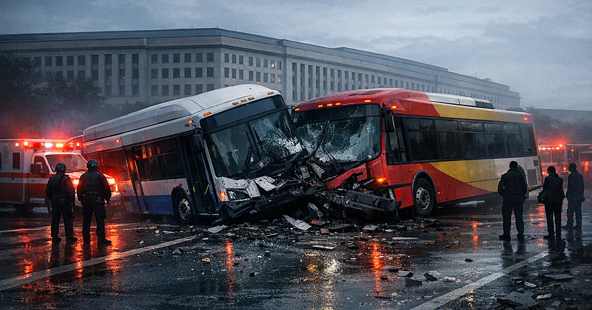 Two transit buses after head-on collision on road near concrete buildings with emergency responders as silhouettes