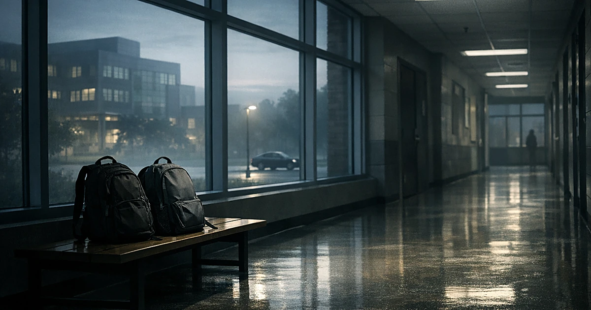 Empty university hallway with abandoned backpacks on bench, science building visible through windows in morning light