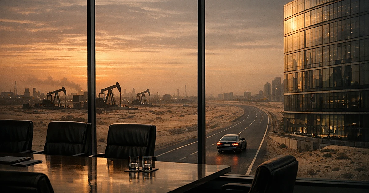 Luxury car leaving modern building toward empty highway, with oil derricks visible on desert horizon at dusk