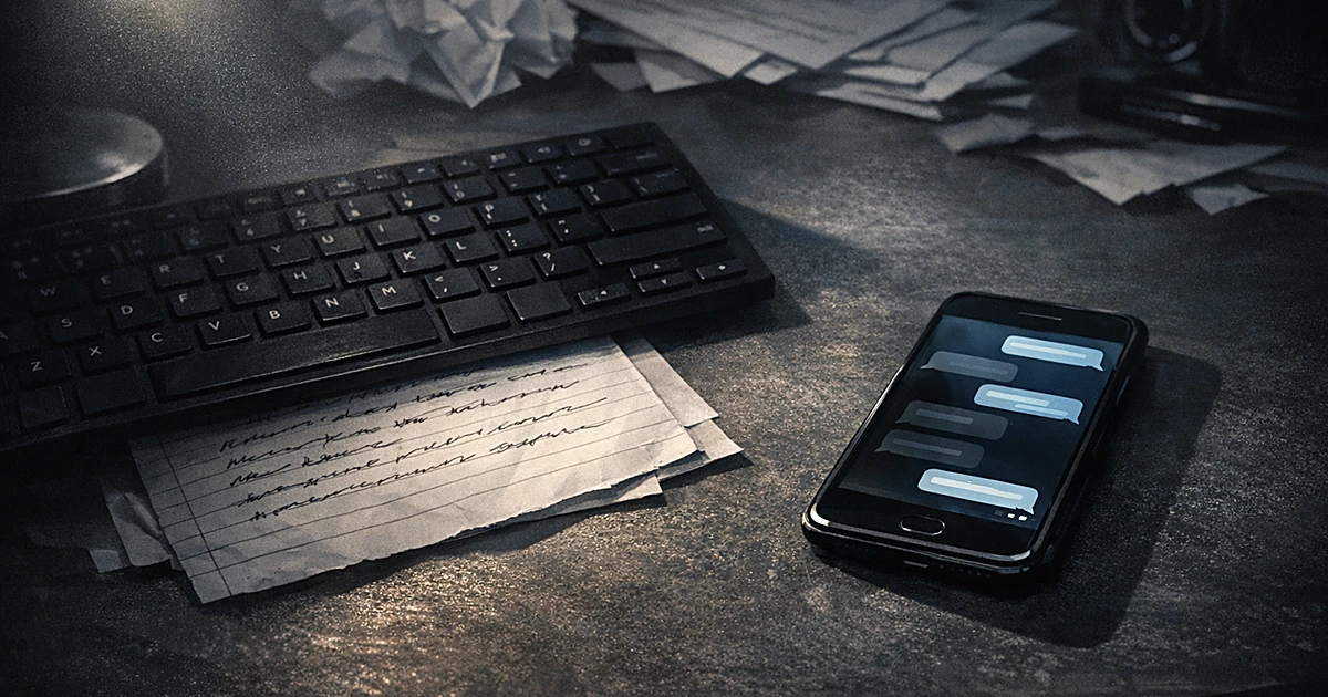 Overhead view of desk with handwritten note under keyboard and smartphone with text messages in dim lighting