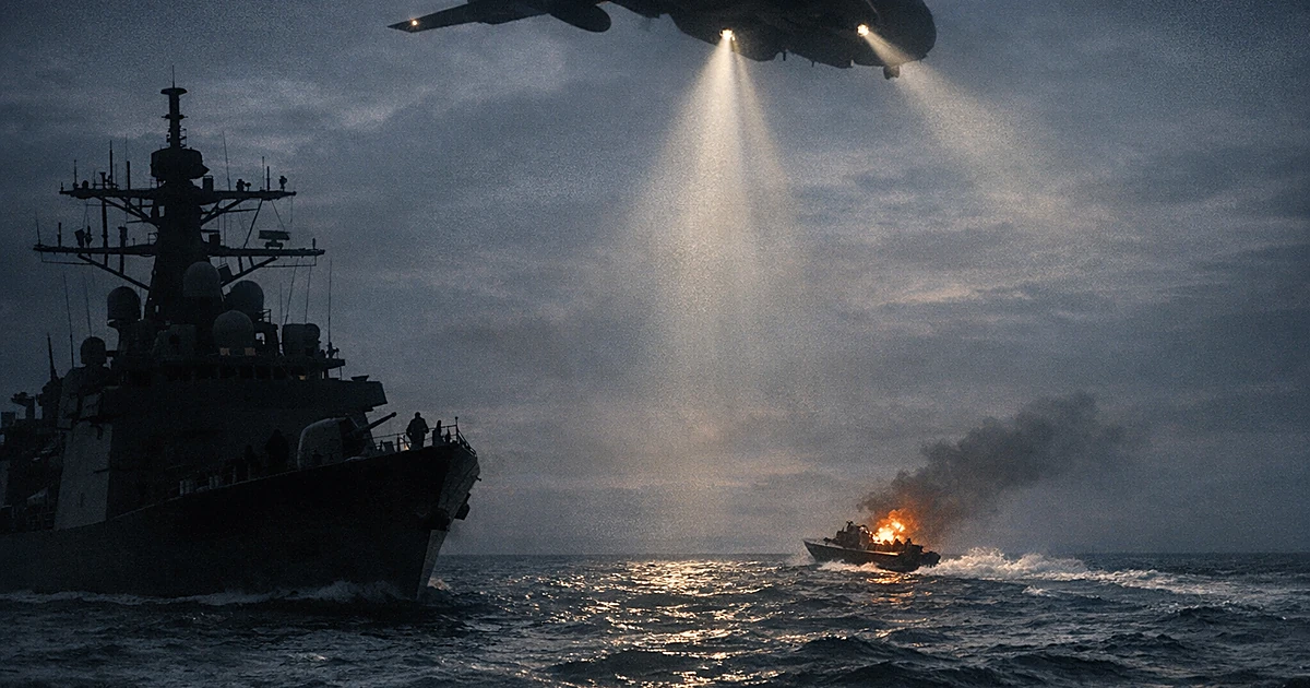 Military vessel and aircraft silhouettes over Eastern Pacific waters during counter-narcotics operation