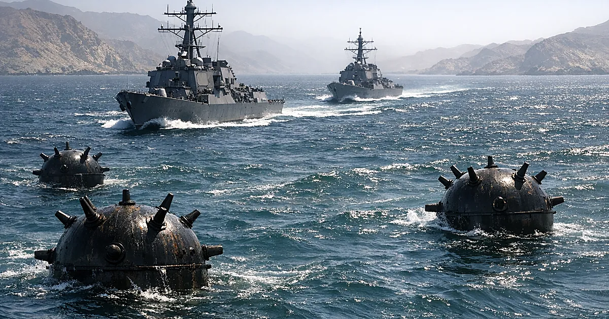 Naval destroyers navigating through mine-laden waters in a narrow strait with coastlines visible on both sides