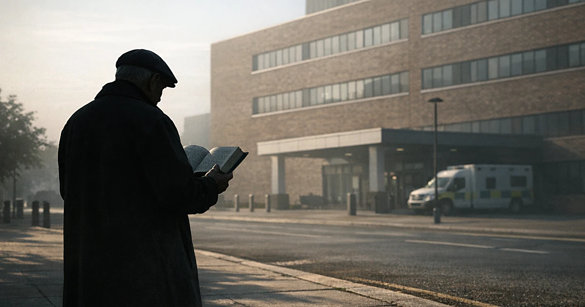 Elderly person from behind holding open book on sidewalk outside hospital building in morning light