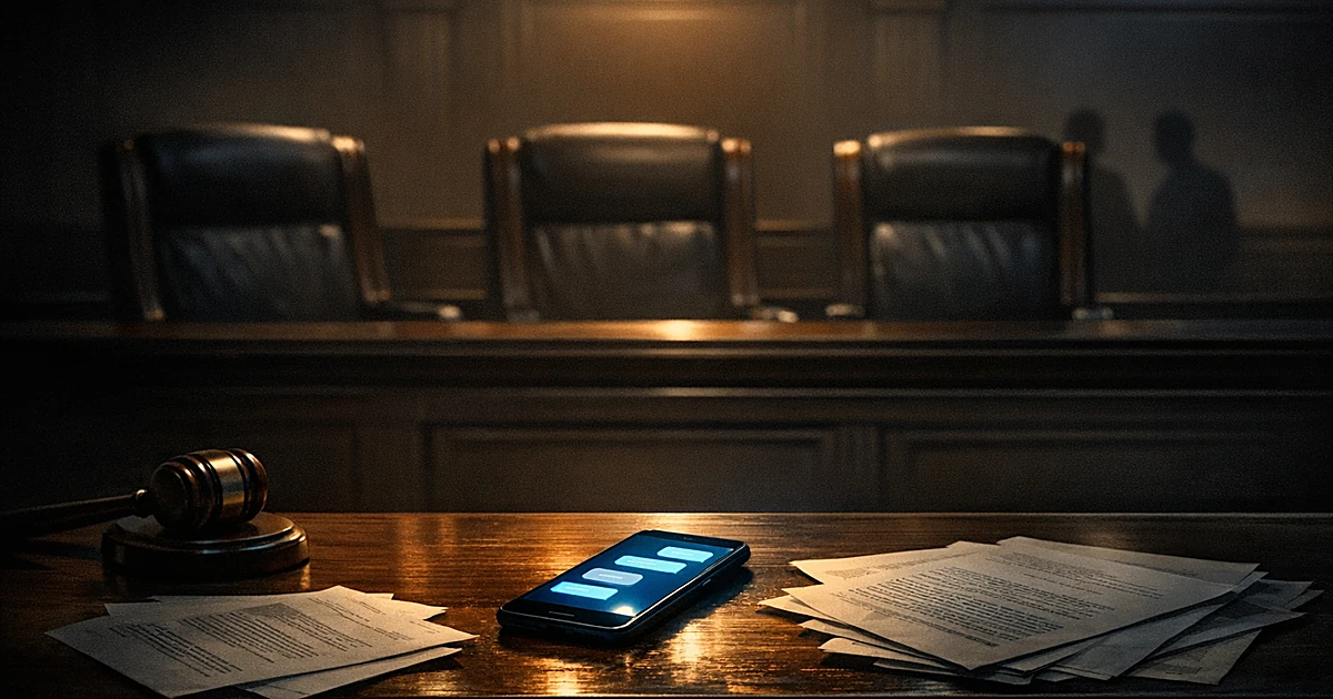 Empty judges' bench with illuminated smartphone displaying text messages beside legal documents and gavel