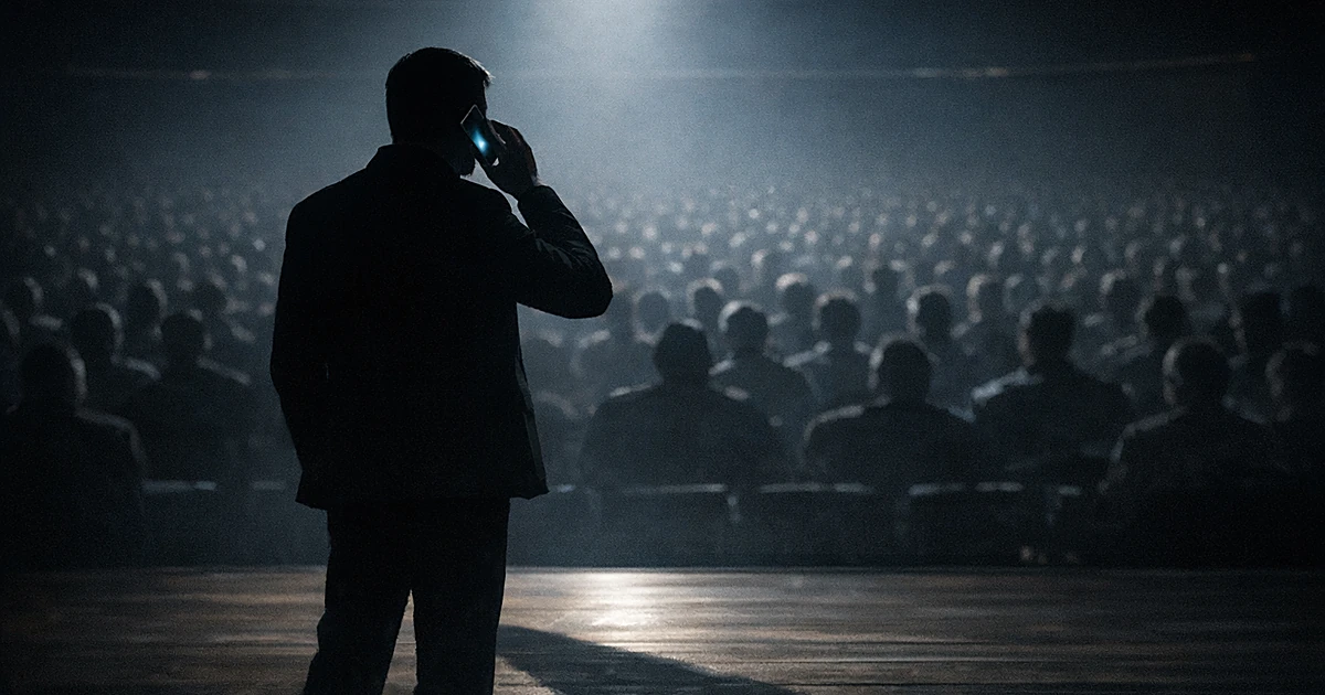 Silhouetted speaker on stage holding phone to ear before large crowd in darkened auditorium