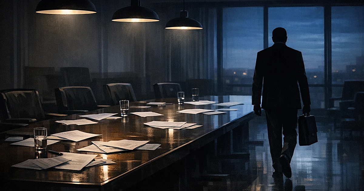 Silhouetted figure walking away from conference table with scattered papers in dimly lit negotiation room