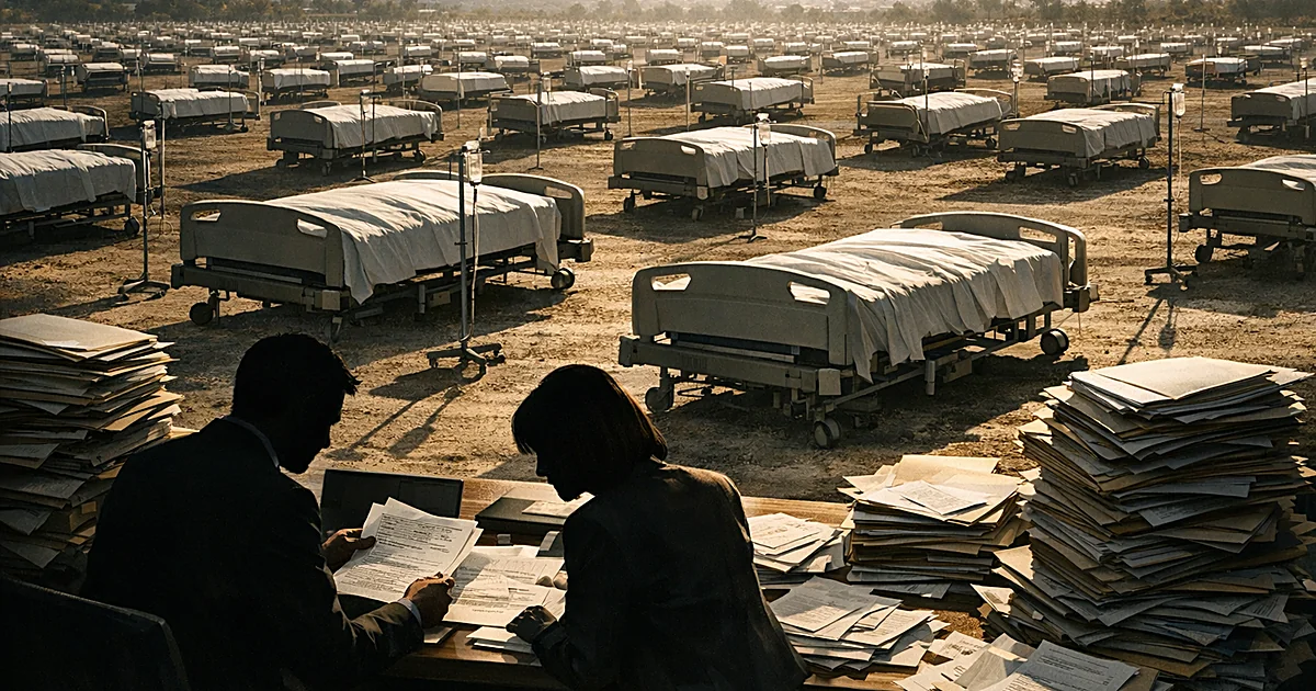 Overhead view of empty hospice beds in rows with silhouetted investigators reviewing documents and stacked files