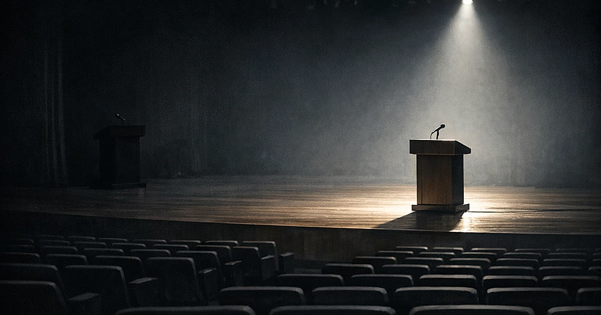 Empty auditorium stage with single illuminated podium and rows of vacant seats in darkness