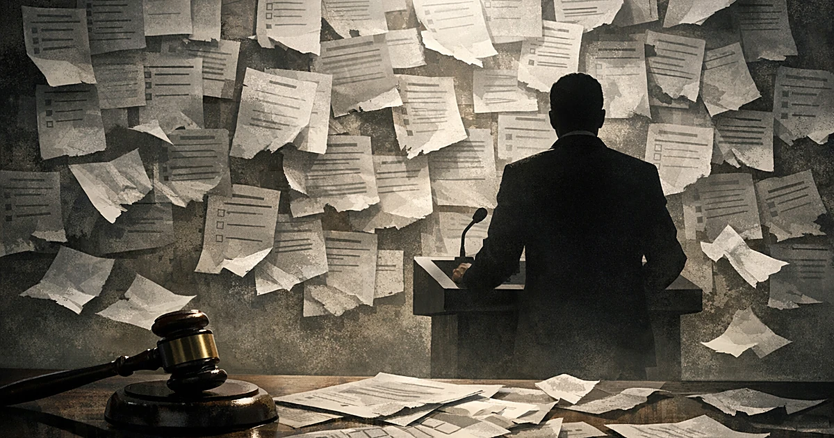 Silhouetted figure at podium with scattered ballots and gavel, suggesting conflict between voting and legal ruling