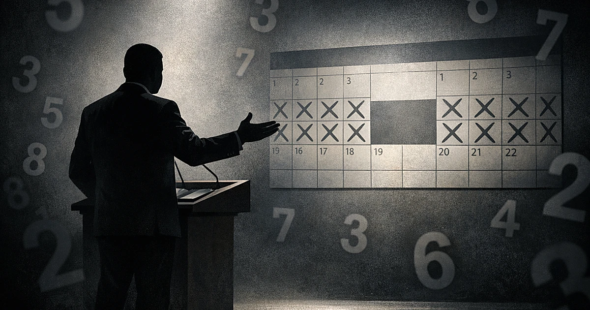 Silhouetted speaker at podium gesturing away from wall calendar showing timeline gap with scattered numbers in shadows