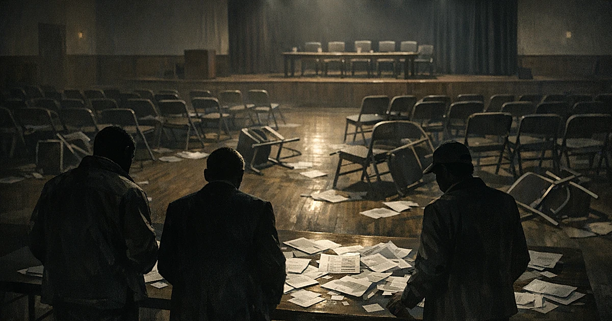 Silhouetted figures examining scattered ballots on table in meeting hall with overturned chairs suggesting disorder