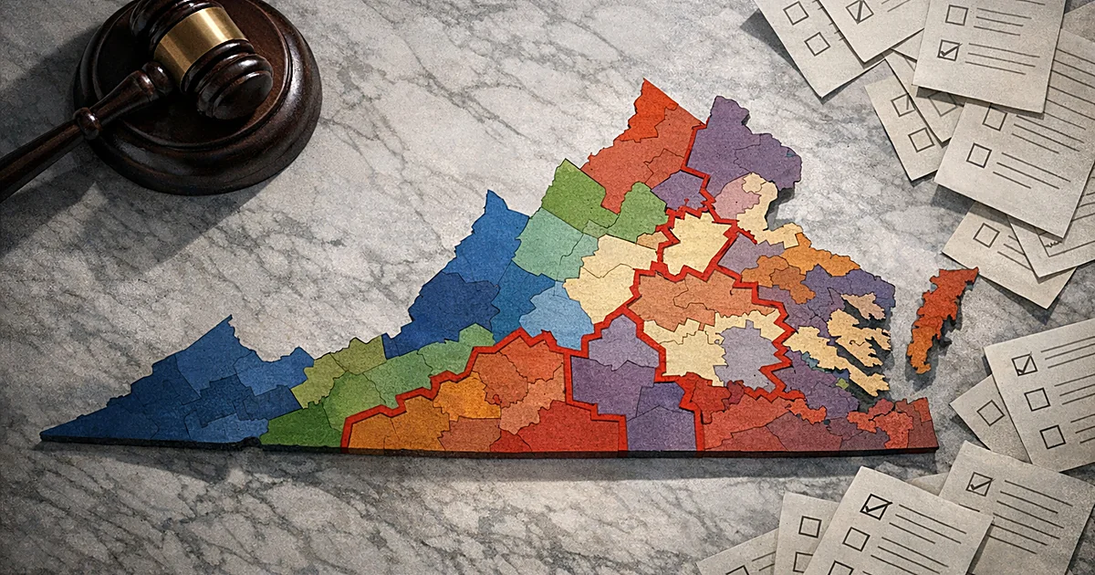 Map of Virginia congressional districts with gavel and ballots, showing redistricting and legal challenge themes