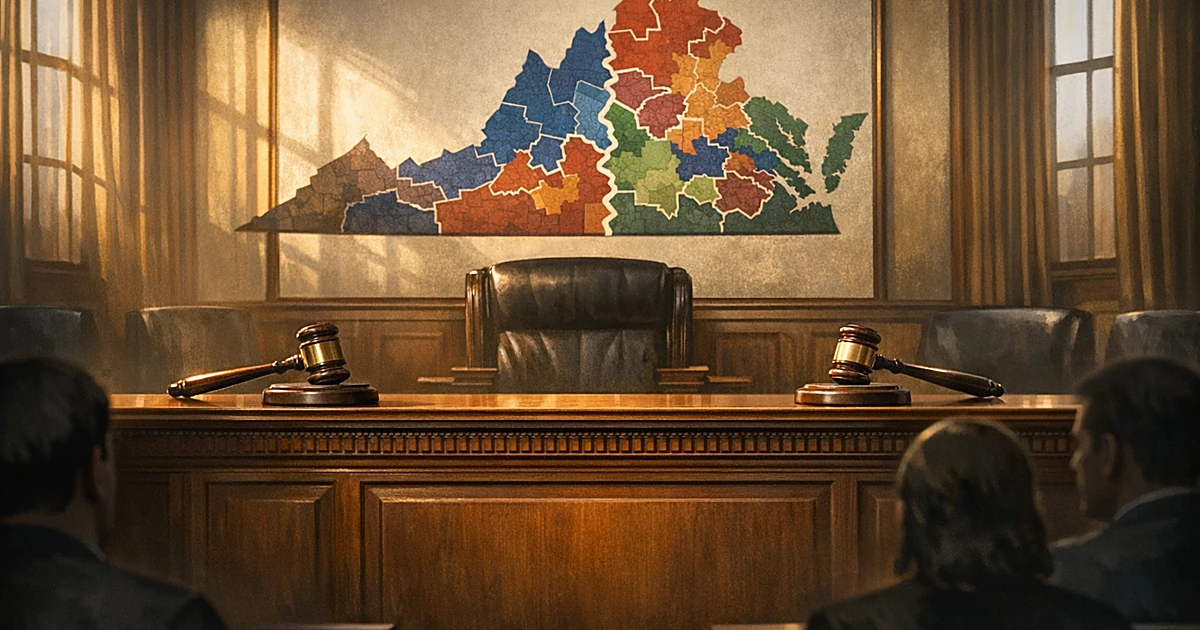 Two gavels on opposite sides of a judge's bench with a Virginia congressional district map behind it in an empty courtroom