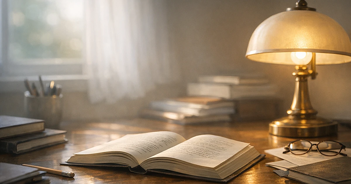 Open book on wooden desk with warm lamp light in peaceful classroom setting