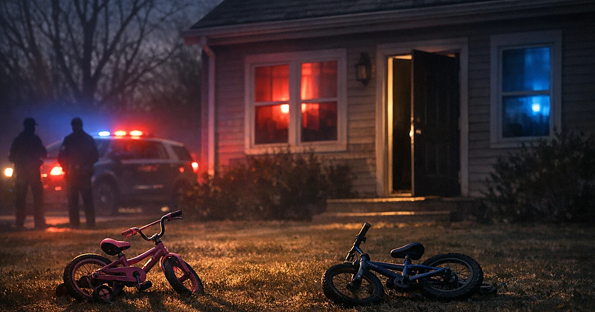 Two children's bicycles abandoned on lawn of darkened suburban home with police lights reflecting in windows at dusk