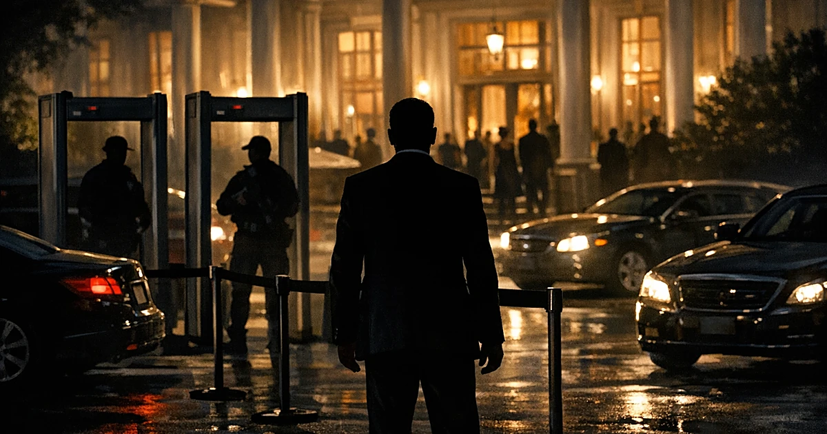Silhouetted security checkpoint outside illuminated formal event venue at night with vehicles nearby