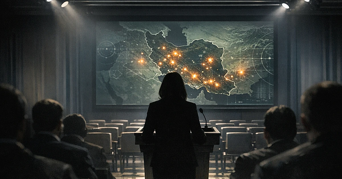 Silhouetted figure at podium in briefing room with tactical map display showing strike locations on monitor