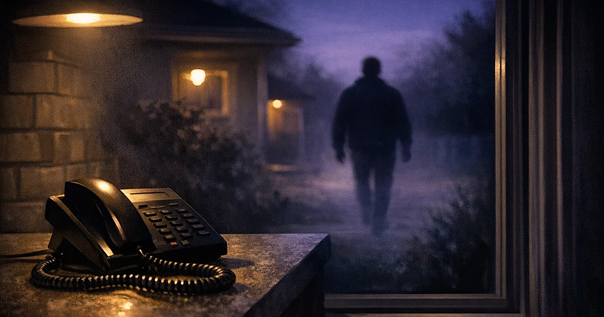Silhouette of person walking away from house at dusk with telephone in foreground