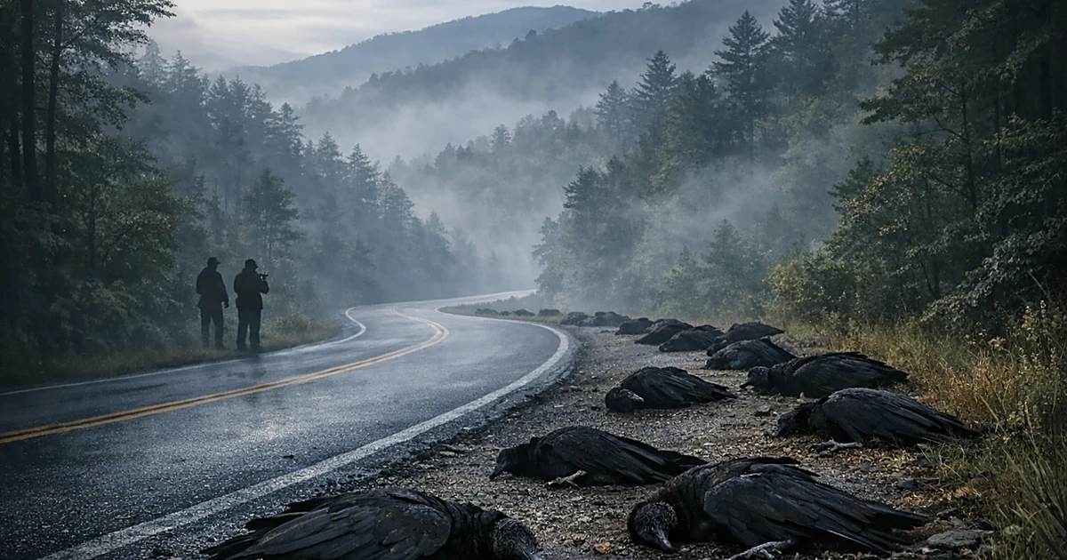Dead black vultures lying along a misty mountain parkway surrounded by dense forest in the Smoky Mountains