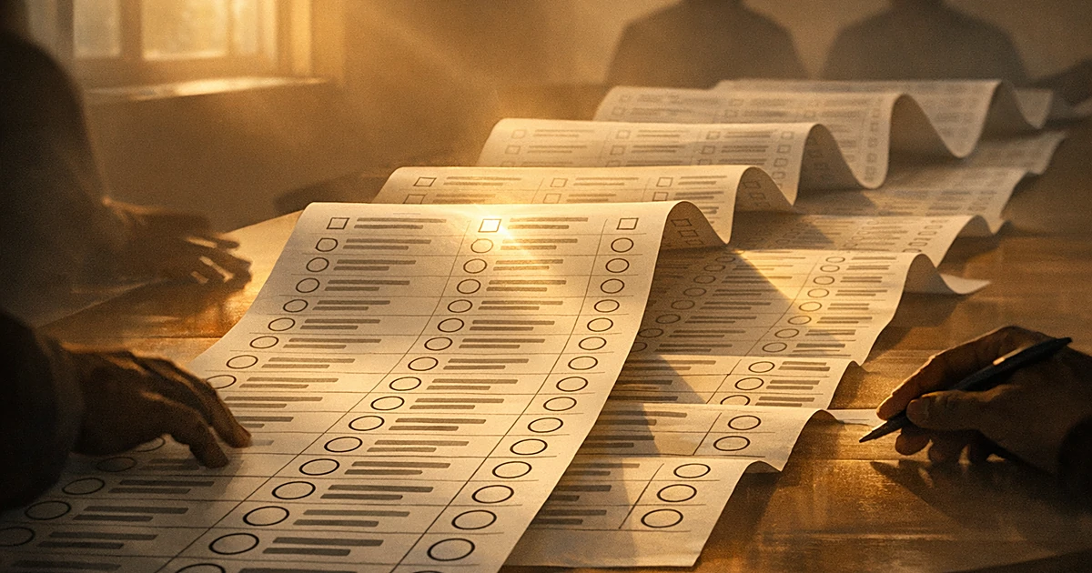 An extremely long ballot paper with numerous empty checkboxes stretches across a sunlit table with voting hands in silhouette