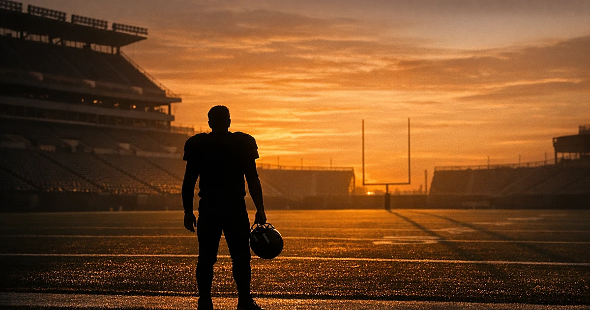 Silhouetted quarterback stands alone on empty football field at sunset holding helmet, facing distant goalposts