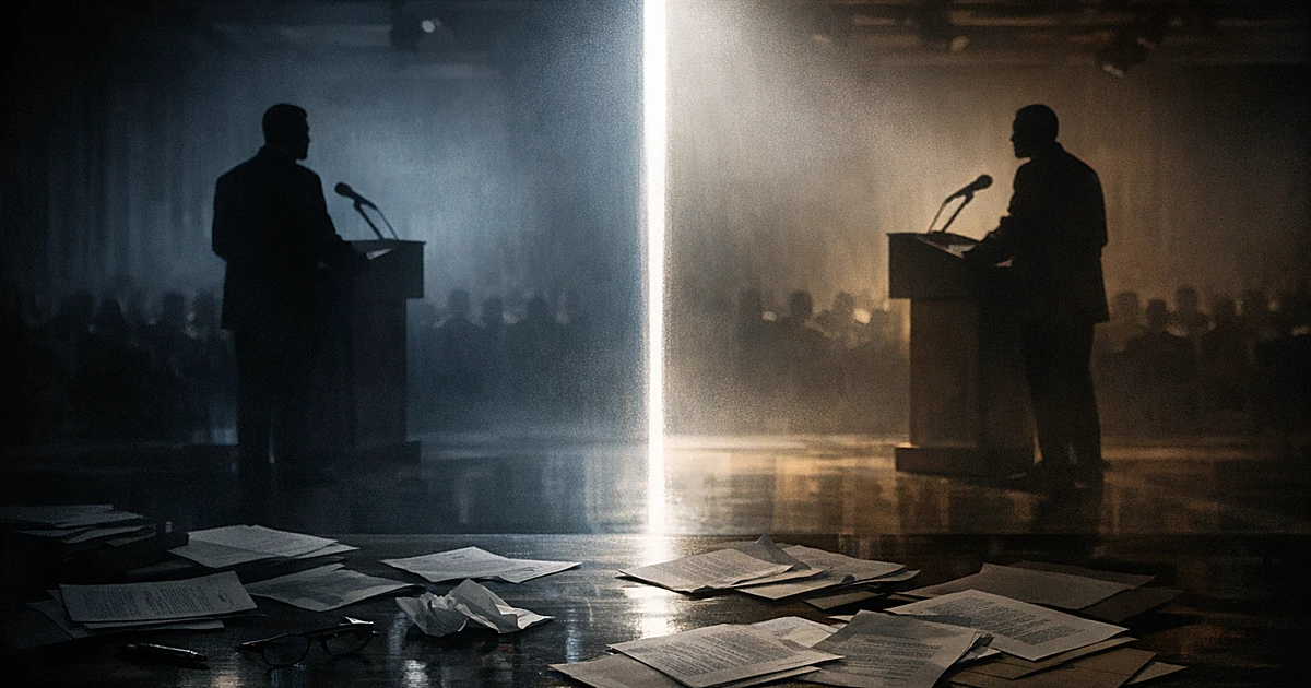 Two silhouetted figures at separate podiums in a dark room divided by dramatic lighting, with scattered documents