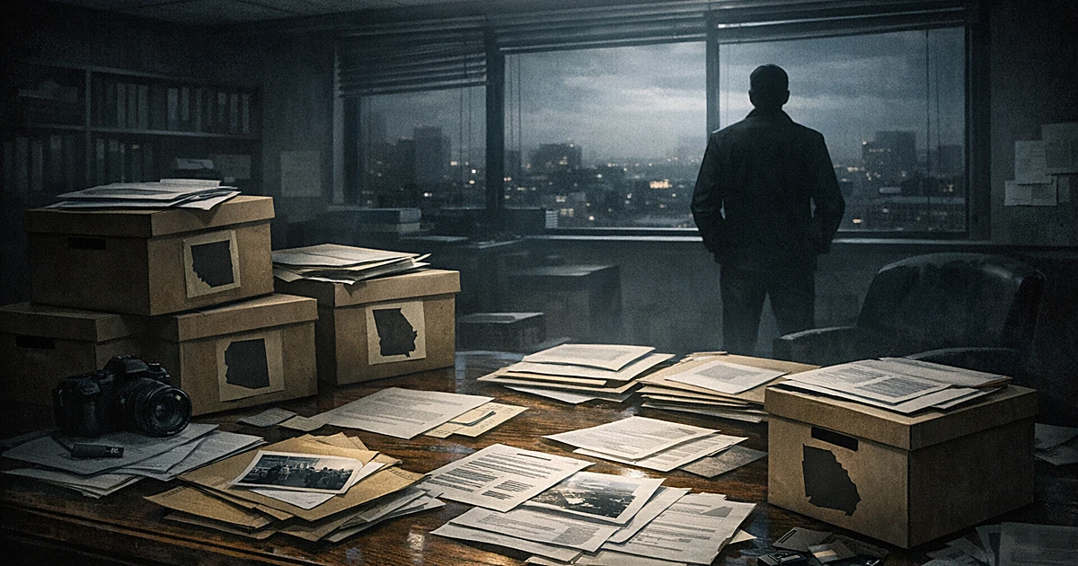 Silhouetted figure at window in office with desk covered in investigation folders and documents about multiple states