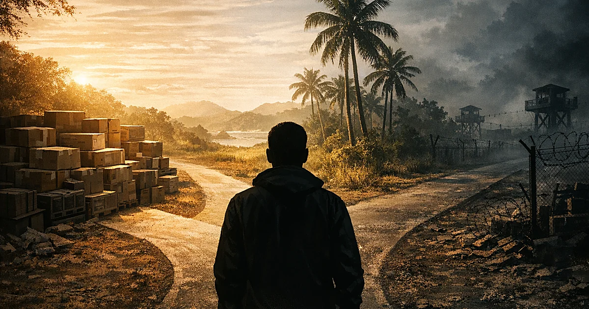 Silhouetted figure at crossroads between aid supplies, tropical landscape, and shadowy restricted area