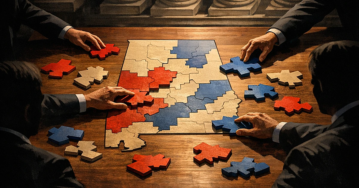 Hands arranging district-shaped puzzle pieces on Alabama map outline with red and blue coloring on wooden table