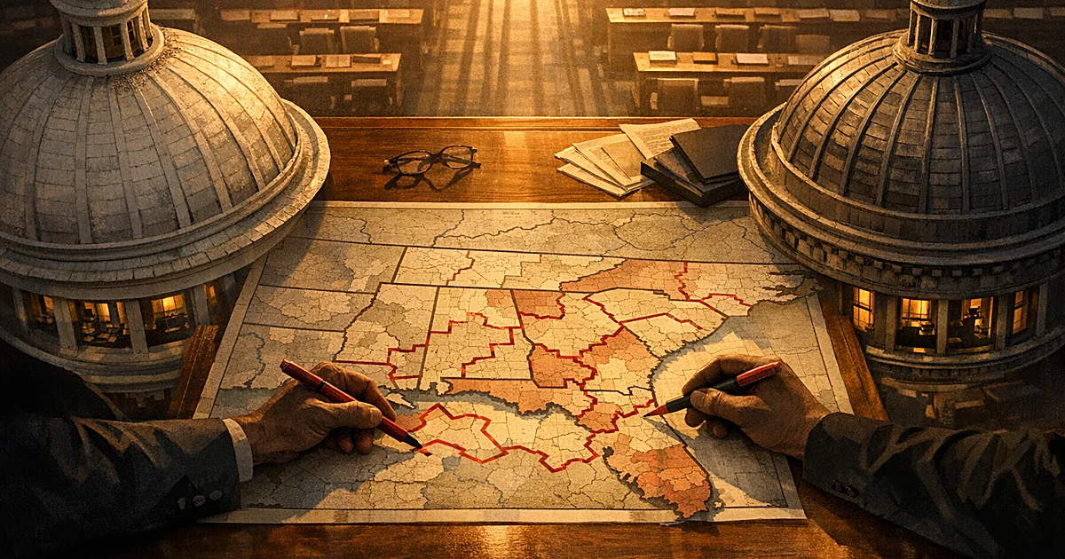 Overhead view of capitol domes with congressional district map being redrawn on table between them