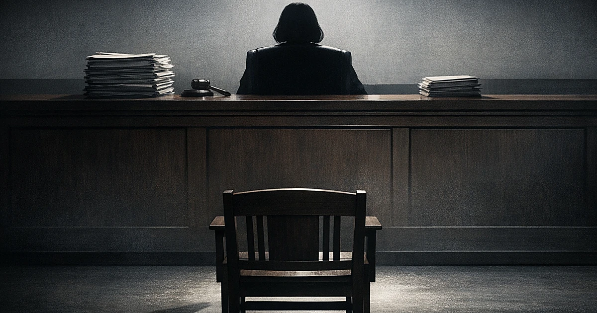 Silhouetted judge at bench with separated document stacks in empty courtroom, viewed from behind