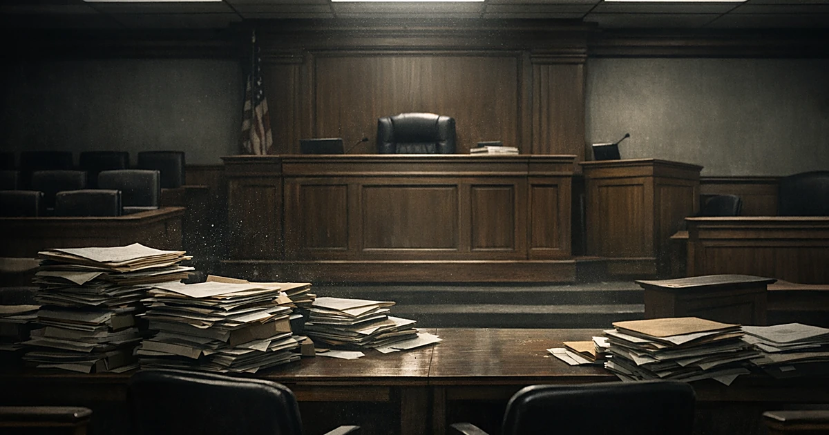 Empty courtroom with abandoned judge's bench and stacks of neglected case files piled on tables in harsh lighting
