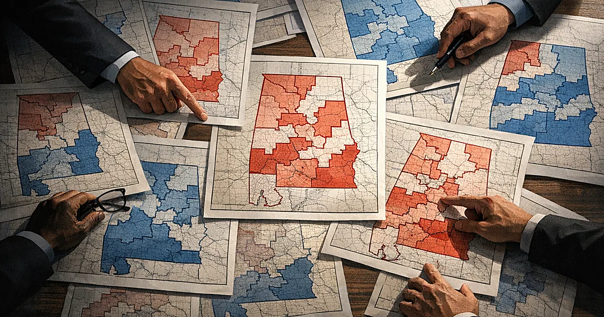 Overhead view of hands pointing at overlapping Alabama district maps with different boundary lines on a table