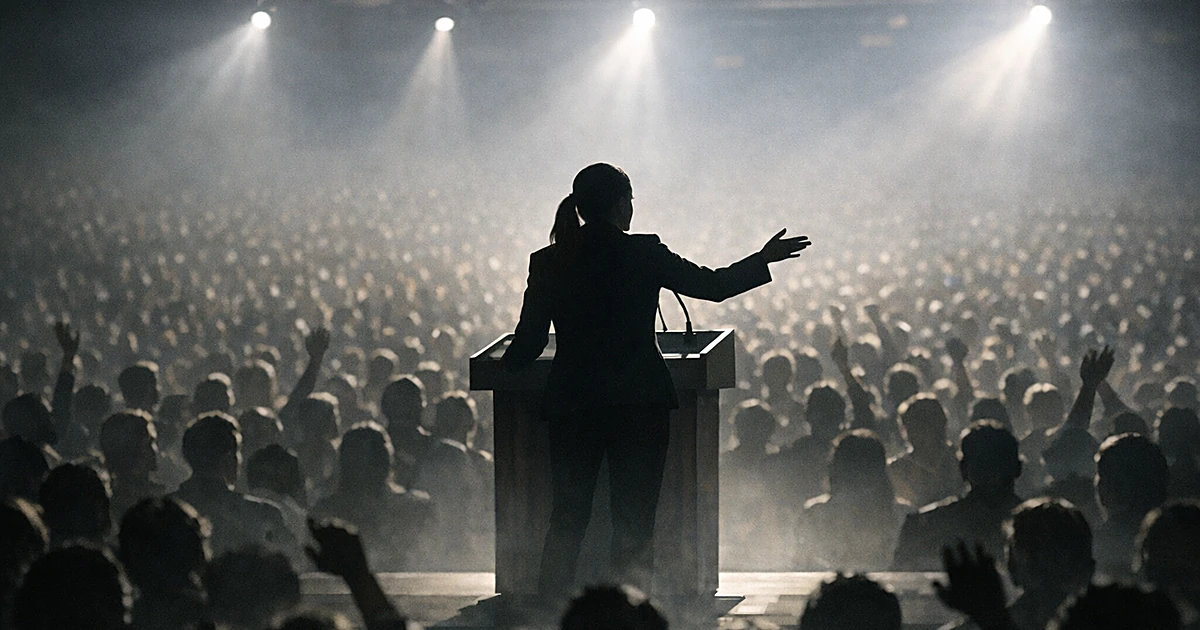 Silhouetted speaker at podium addressing large crowd of silhouetted people in spotlit auditorium